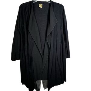 Anne Klein Black Duster Cardigan Sweater Sz L Open Front Lightweight Wool Blend